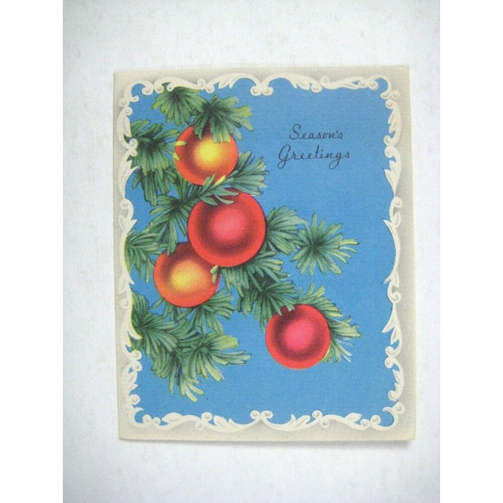 Merry Christmas Card 1950 Used USA  Seasons Greetings Tree Ornaments Ball